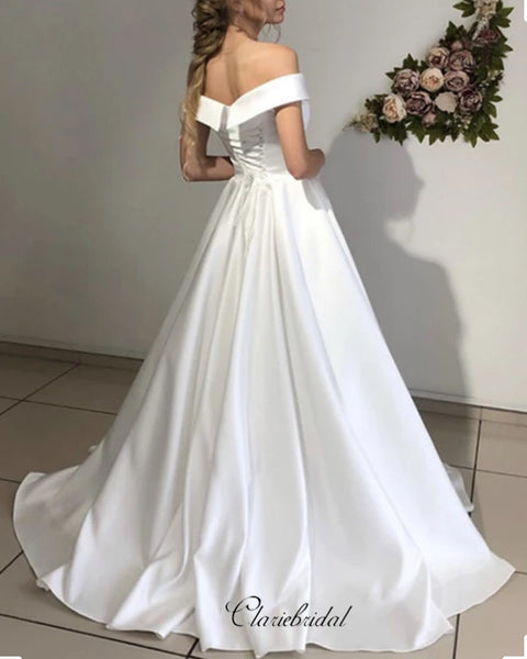 Simple Off Shoulder Wedding Dresses, Cheap A-line Wedding Dresses