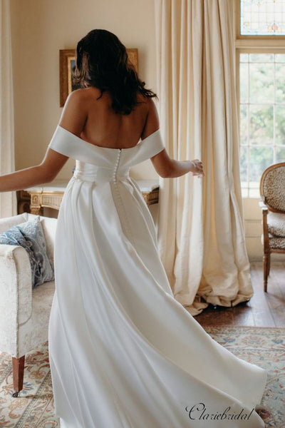 Off The Shoulder Popular Wedding Dresses, Slit Satin Wedding Dresses