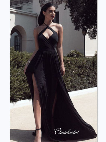 Halter Black Prom Dresses Long, Sexy High Slit Prom Dresses
