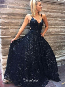 V-neck Sequins Long Prom Dresses, School Graduation Party Prom Dresses