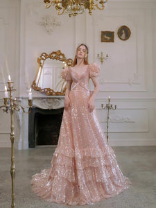Shiny Pink Sequin Prom Dresses, Bubble Sleeves Princess Dresses, Formal Dresses, 2023 Evening Dresses, A-line Prom Dresses