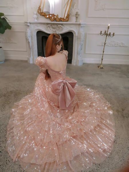 Shiny Pink Sequin Prom Dresses, Bubble Sleeves Princess Dresses, Formal Dresses, 2023 Evening Dresses, A-line Prom Dresses