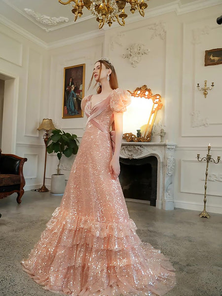 Shiny Pink Sequin Prom Dresses, Bubble Sleeves Princess Dresses, Formal Dresses, 2023 Evening Dresses, A-line Prom Dresses