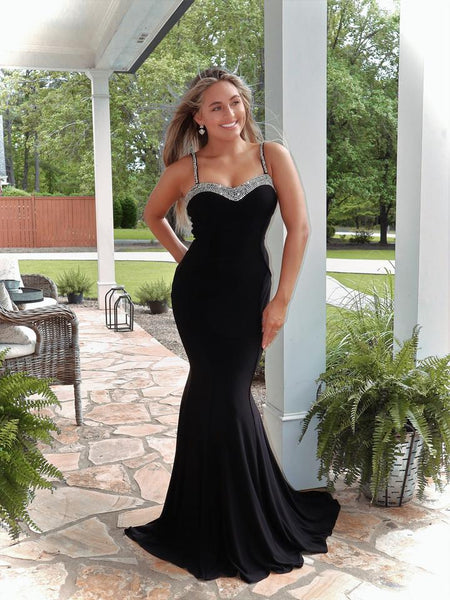 Spaghetti Black Mermaid Prom Dresses, 2021 Prom Dresses, Beaded Prom Dresses, Cheap Prom Dresses