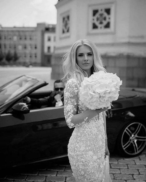 Deep V-neck Long Sleeves Lace Wedding Dresses, Mermaid Appliques Lace Wedding Dresses