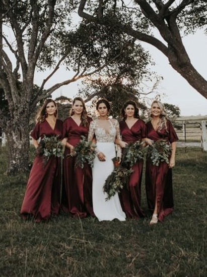 V neck Boho Half Sleeves Burgundy Elastic Satin Bridesmaid Dresses Lo ClaireBridal