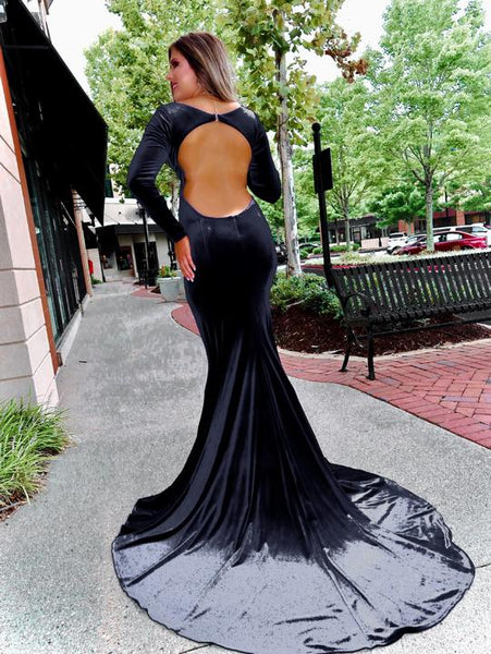V-neck Long Sleeves Black Velvet Prom Dresses, Side Slit Prom Dresses, Simple Elegant 2021 Prom Gown