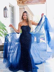 Strapless Long Mermaid Navy Tulle Beaded Prom Dresses, 2 Pieces Luxury Prom Dresses