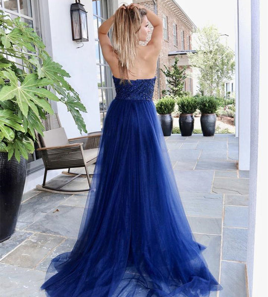 Strapless Long Mermaid Navy Tulle Beaded Prom Dresses, 2 Pieces Luxury Prom Dresses