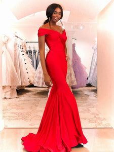 Off Shoulder Red Mermaid Prom Dresses, Simple Satin 2021 Prom Dresses, Long Prom Dresses