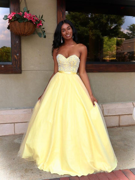 Sweetheart Long A-line Yellow Tulle Beaded Prom Dresses, Lovely Prom Dresses, 2021 Prom Dresses