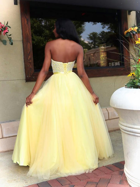 Sweetheart Long A-line Yellow Tulle Beaded Prom Dresses, Lovely Prom Dresses, 2021 Prom Dresses