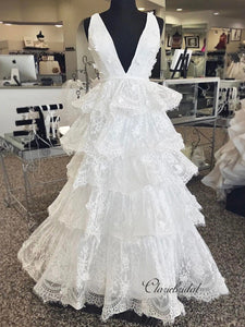 Deep V-neck Fluffy Lace Wedding Dresses, Elegant Appliques Wedding Dresses