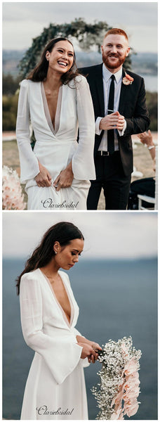 Long Sleeves Chiffon Wedding Dresses, Simple V-neck Wedding Dresses