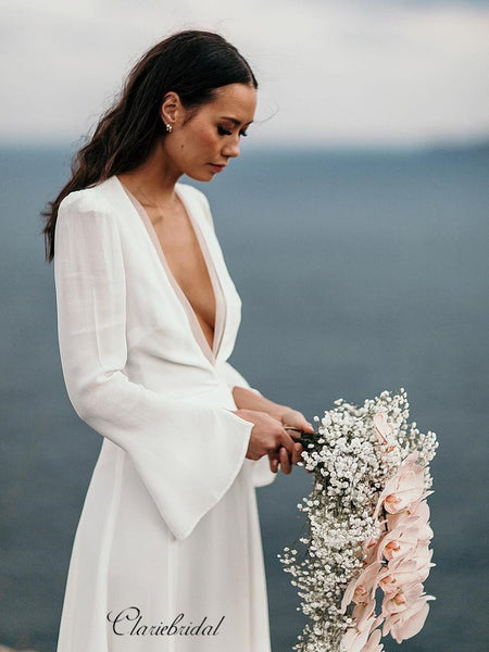 Long Sleeves Chiffon Wedding Dresses, Simple V-neck Wedding Dresses