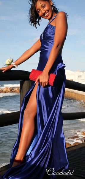 Rhinestones V-neck Long Prom Dresses, Popular Slit Party Prom Dresses