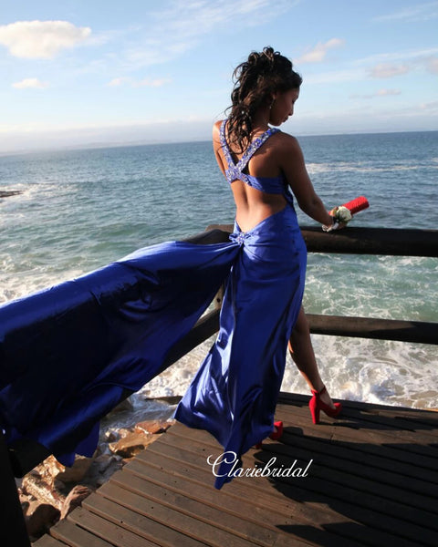 Rhinestones V-neck Long Prom Dresses, Popular Slit Party Prom Dresses