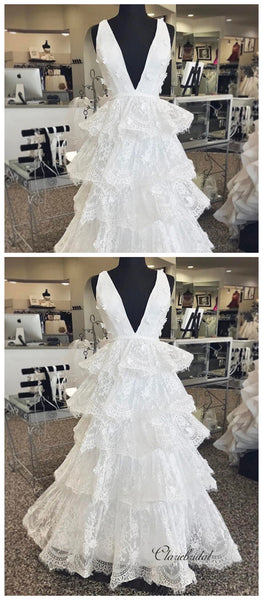 Deep V-neck Fluffy Lace Wedding Dresses, Elegant Appliques Wedding Dresses