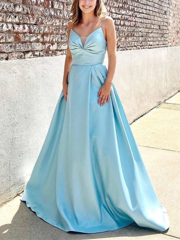 Spaghetti Straps A-line Satin Prom Dresses, 2021 Evening Party Long Prom Dresses