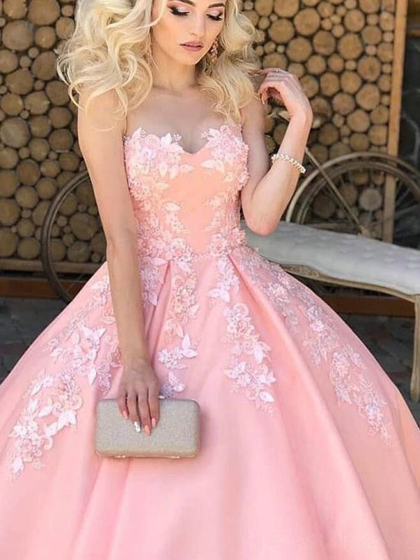 knee length dresses for ladies Sweet Heart Lace A Line Long Prom Dresses, Pink Color Prom Dresses, 20 –  ClaireBridal