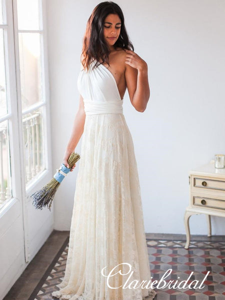 Convertible Jersey Top A-line Lace Romantic Wedding Dresses ClaireBridal Convertible Jersey Top A-line Lace Romantic Wedding Dresses ClaireBridal