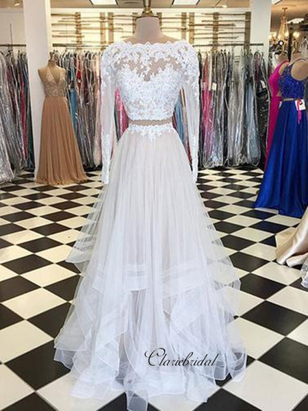 Long Sleeves Lace Prom Dresses, A-line Tulle Prom Dresses, New Popular Prom Dresses