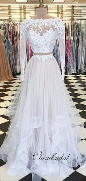 Long Sleeves Lace Prom Dresses, A-line Tulle Prom Dresses, New Popular Prom Dresses