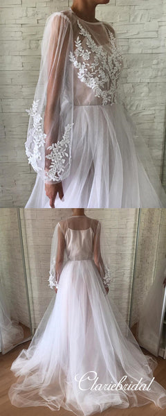 Long Sleeves Lace Tulle Boho Long Wedding Dresses