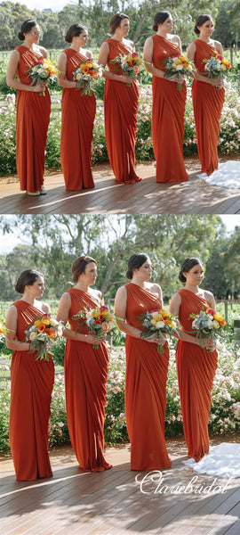 One Shoulder Orange Sheath Jersey Long Bridesmaid Dresses