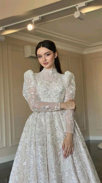 High Neck Bubble Sleeves Lace Wedding Dresses, A-line Wedding Dresses, Gorgeous Bridal Gown, Affordable Wedding Dresses
