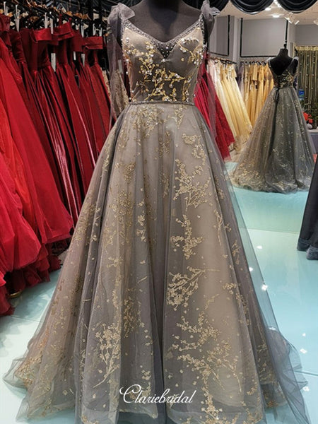 Elegant Appliques Newest Prom Dresses, Beaded Long Prom Dresses, Popular Prom Dresses