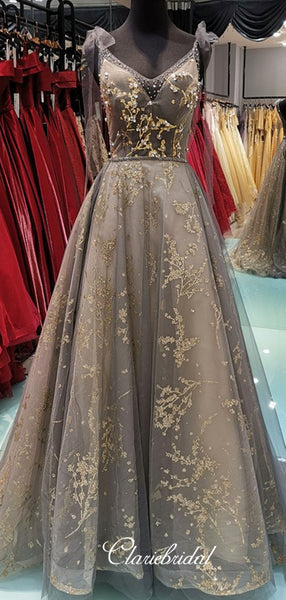 Elegant Appliques Newest Prom Dresses, Beaded Long Prom Dresses, Popular Prom Dresses