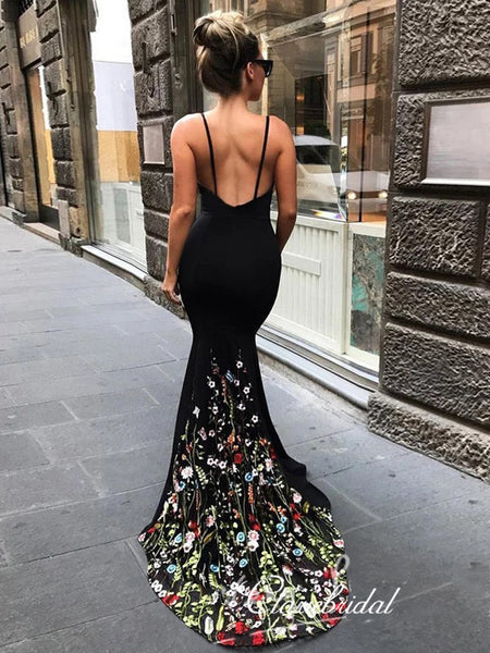 Straps Open Back Long Prom Dresses, Appliques Elegant Prom Dresses 2020