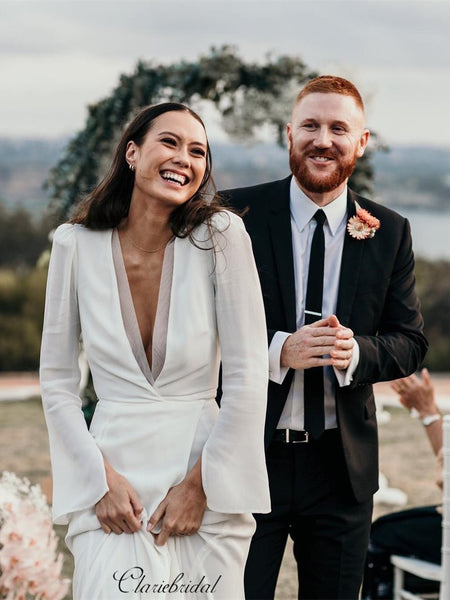 Long Sleeves Chiffon Wedding Dresses, Simple V-neck Wedding Dresses