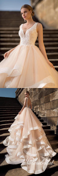 V-neck Lace Top Champagne Tulle A-line Wedding Dresses With Lace Edge