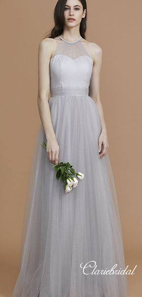 Illusion A-line Silver Tulle A-line Bridesmaid Dresses, Wedding Party Dresses