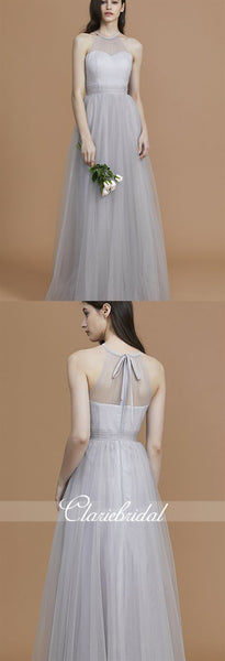 Illusion A-line Silver Tulle A-line Bridesmaid Dresses, Wedding Party Dresses