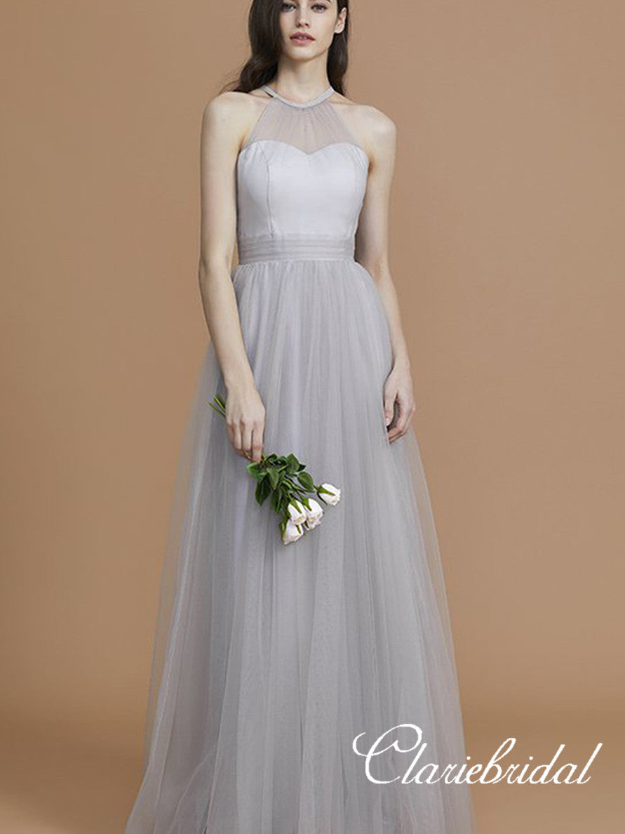 Illusion A-line Silver Tulle A-line Bridesmaid Dresses, Wedding Party Dresses