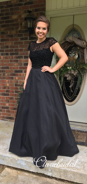 Cap Sleeves Long Prom Dresses, Beaded A-line Prom Dresses