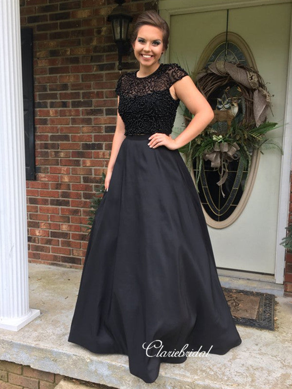 Cap Sleeves Long Prom Dresses, Beaded A-line Prom Dresses