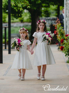 Short Sleeves Ivory Satin Lovely Flower Girl Dresses