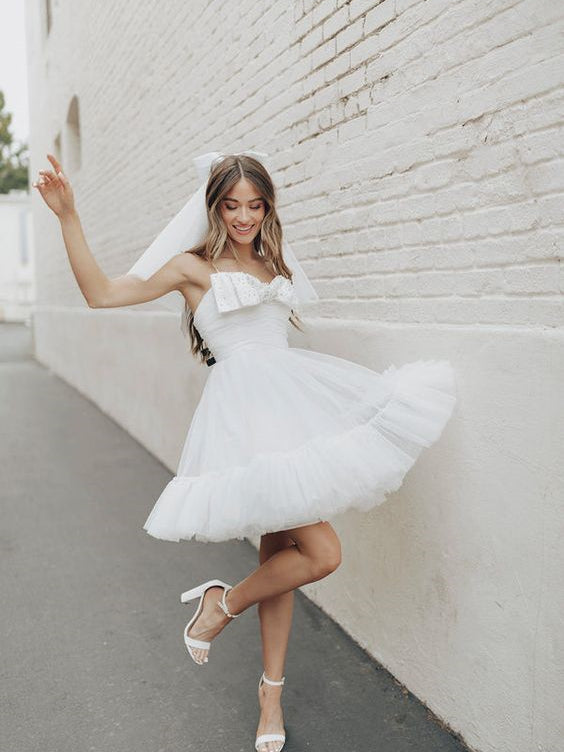 Spaghetti Mini Wedding Dresses With Cute Bow, Fluffy Mini Bridal Gown, – ClaireBridal