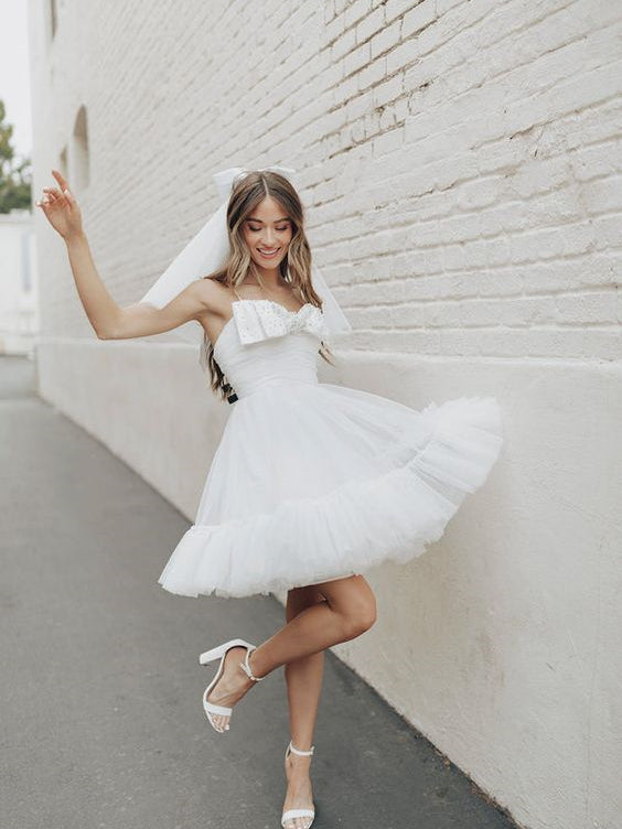 Spaghetti Mini Wedding Dresses With Cute Bow, Fluffy Mini Bridal Gown, Cute Short Prom Dresses