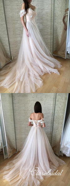 Off Shoulder Appliques A-line Tulle Wedding Dresses