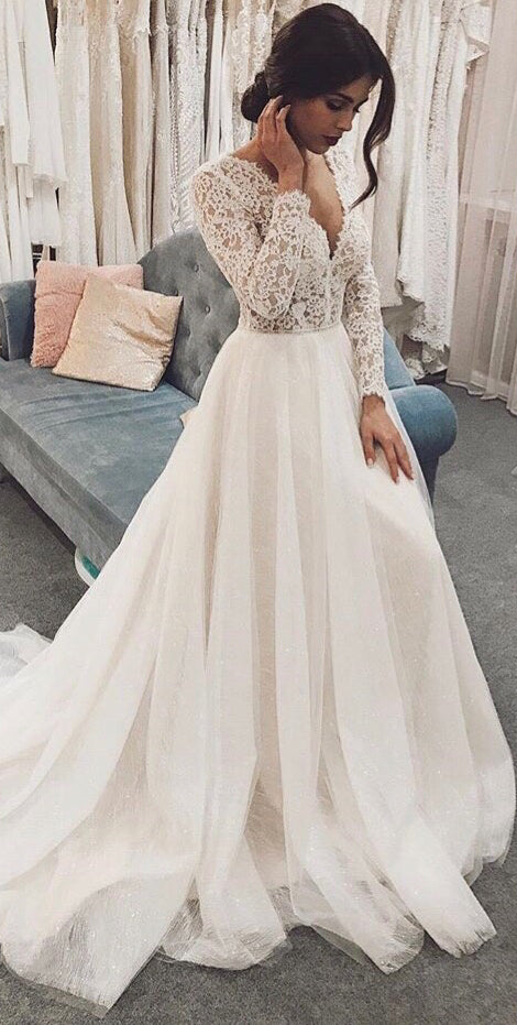 V-neck Lace Top Long Wedding Dresses, Long Sleeves Wedding Dresses, Bridal Gown V-neck Lace Top Long Wedding Dresses, Long Sleeves Wedding Dresses, Bridal Gown