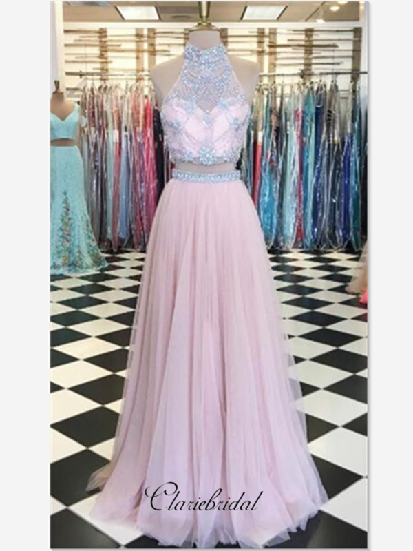 High Neck Halter Two Pieces Beaded Prom Dresses, A-line Tulle Prom Dresses