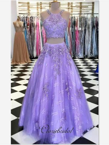 Two Pieces Purple Lace Elegant Prom Dresses, Popular Long Prom Dresses