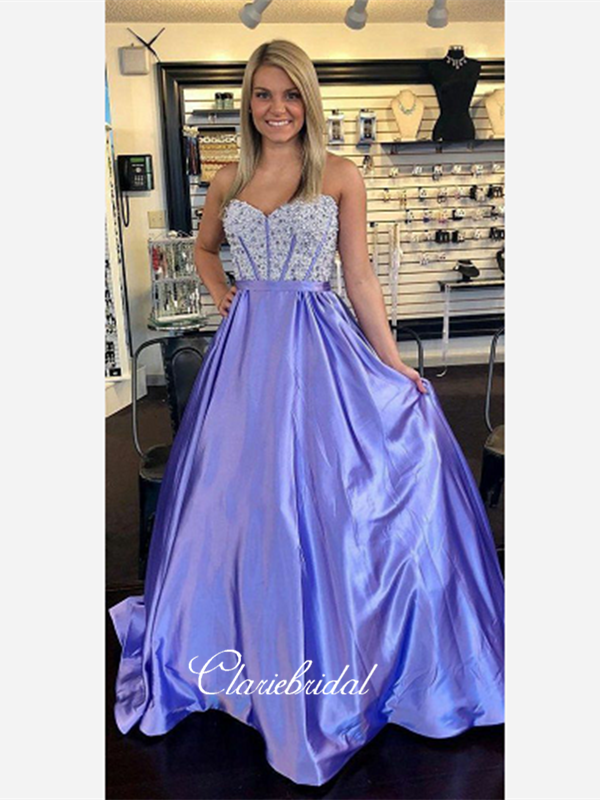 Satin A-line Long Prom Dresses, Strapless Beaded Party Prom Dresses