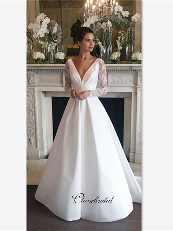 silk wedding dress with lace Long Sleeves Lace A-line Wedding Dresses, V-neck Stain Lace Wedding Dr – ClaireBridal