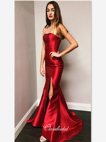 Strapless Stain Mermaid Prom Dresses, Evening Party Slit Prom Dresses